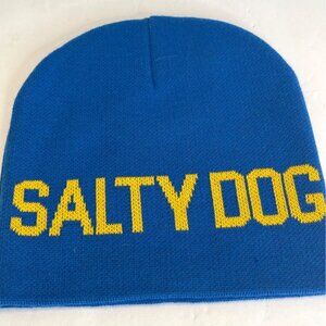 Knit Beanie Winter Ski Sled Hat Cap Salty Dog Paw Print Blue Yellow Lightweight